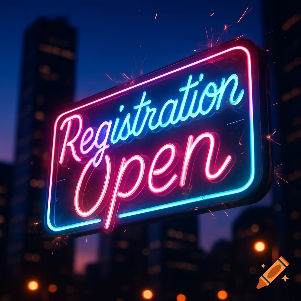 A vibrant neon sign with pink and blue lights glows "Registration Open" against a blurred cityscape at night, with sparks emanating from the sign.