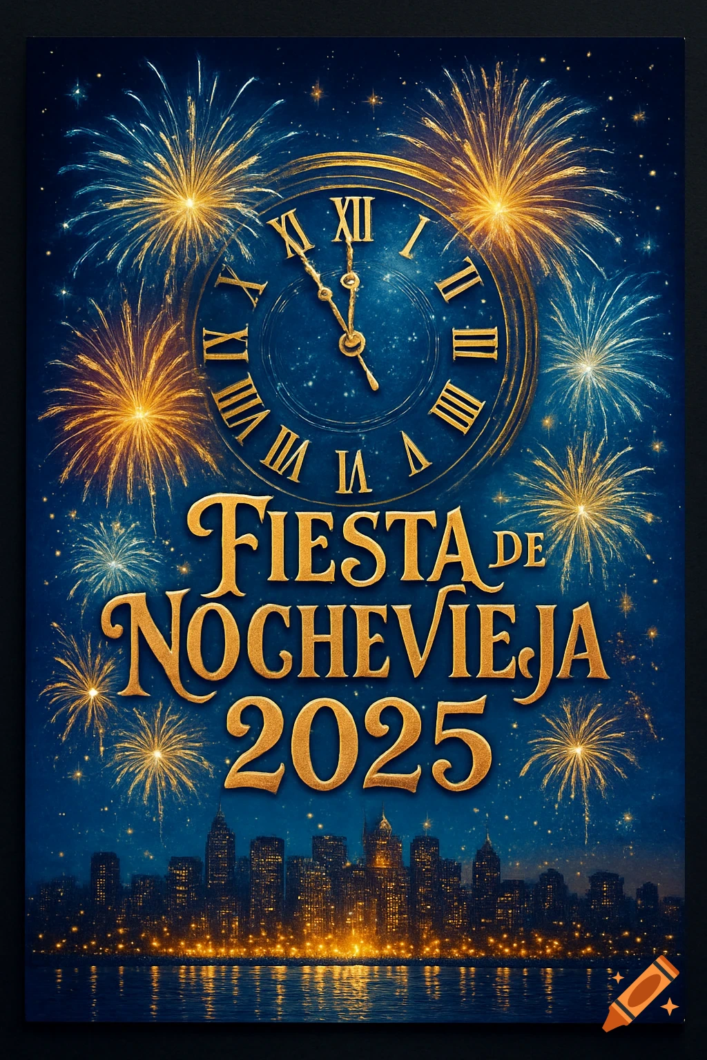 New Year's Eve poster with golden 'FIESTA DE NOCHEVIEJA 2025' text, a clock, fireworks, and a city skyline at night.