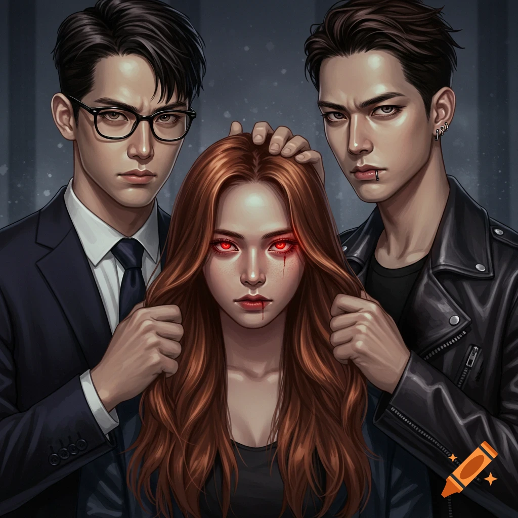Dramatic illustration of a woman with glowing red eyes and blood on her face, flanked by two men in a hyperrealistic Korean manhwa style.