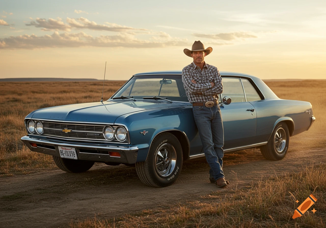Photorealistic image of a cowboy in a plaid shirt and hat leaning on a blue classic Chevy Malibu in a golden field at sunset.