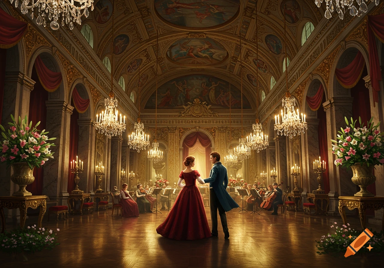 A couple dances in a lavish ballroom with chandeliers, ornate gold trim, marble columns, and an orchestra playing in the background.