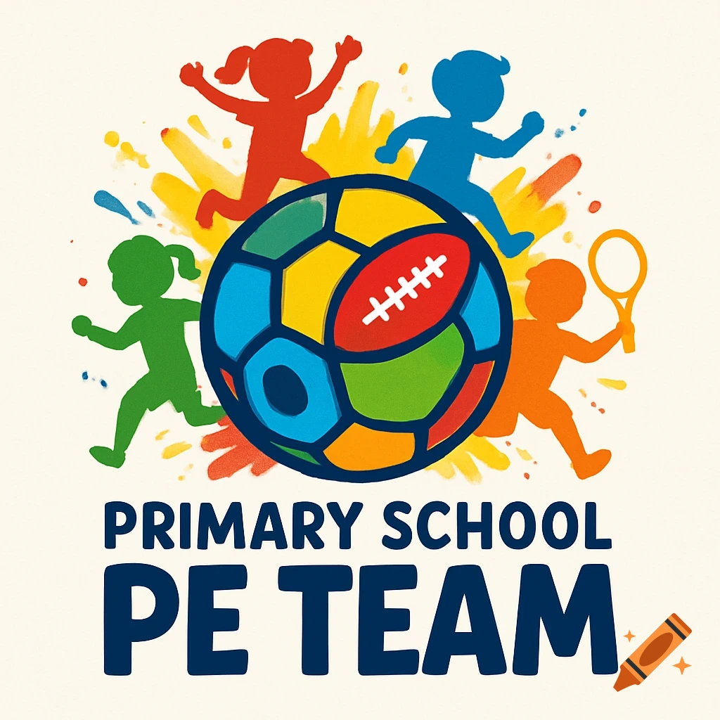 Vibrant cartoon logo for a primary school PE team, featuring children playing around a multi-sport ball.