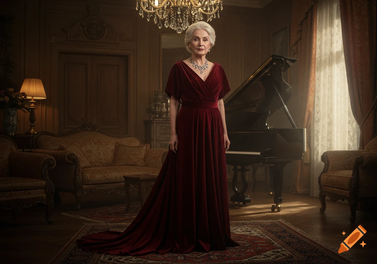 Elegant elderly woman in a red velvet gown stands in a lavish room with a chandelier and grand piano.