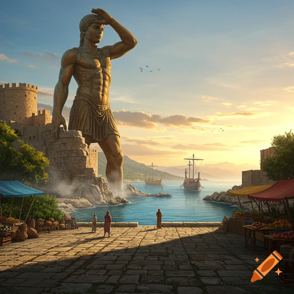 A colossal bronze statue of a man stands over a bustling ancient port city with ships on the water at sunset, photorealistic.