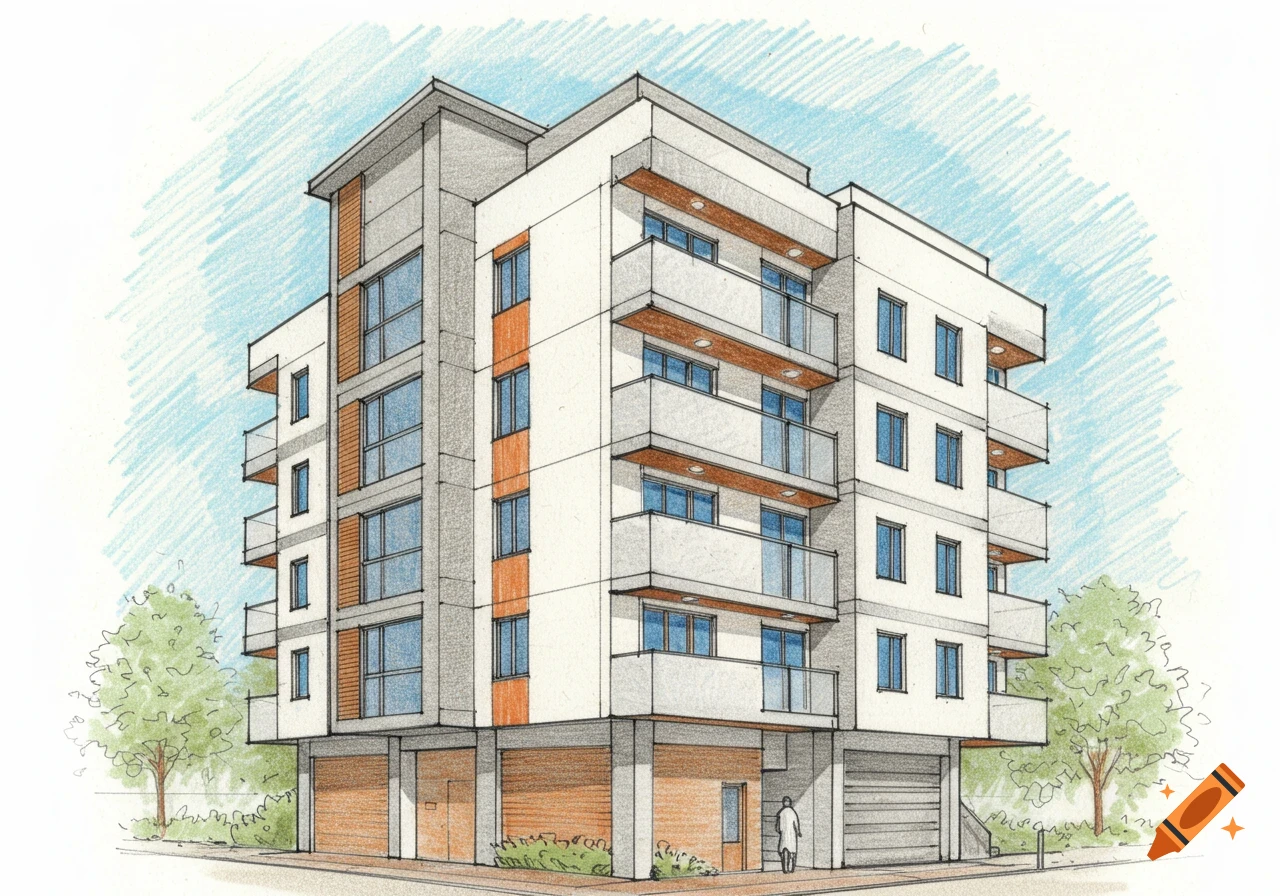 A hand-drawn colored pencil sketch of a modern multi-story apartment building with white facades, blue windows, and orange accents.
