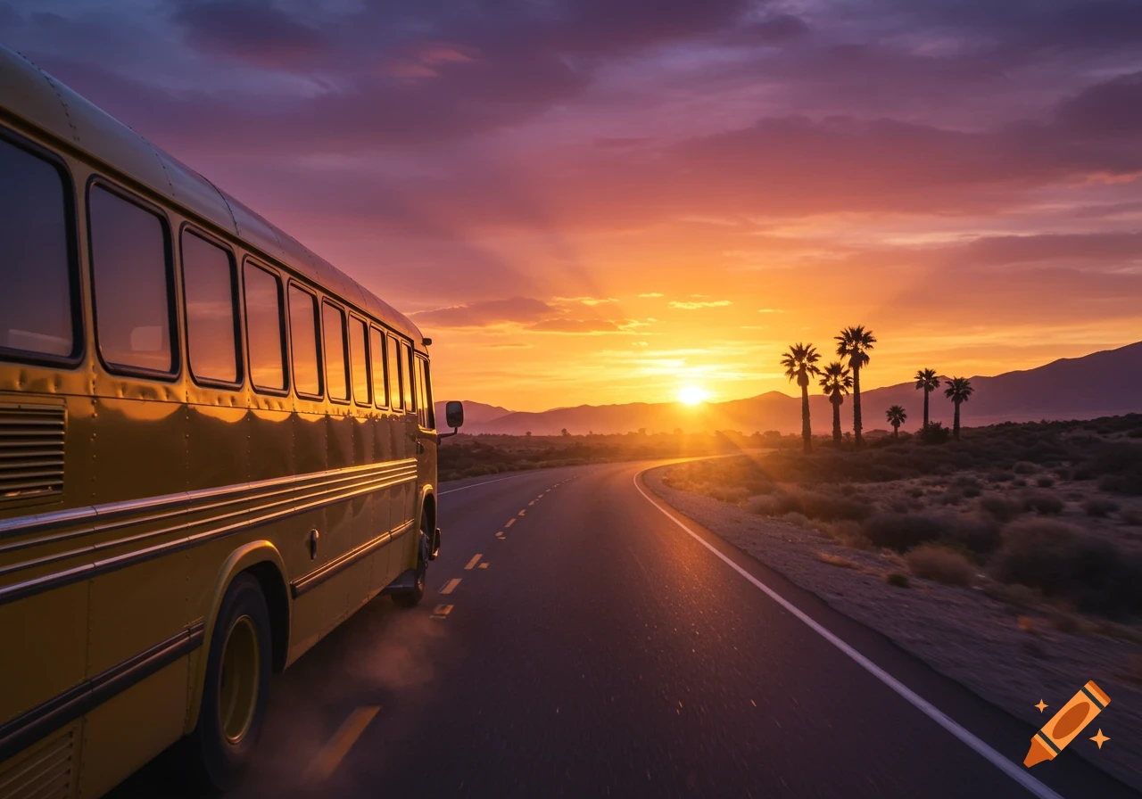 A yellow bus drives down a winding desert road towards a vibrant orange and purple sunset with palm trees.