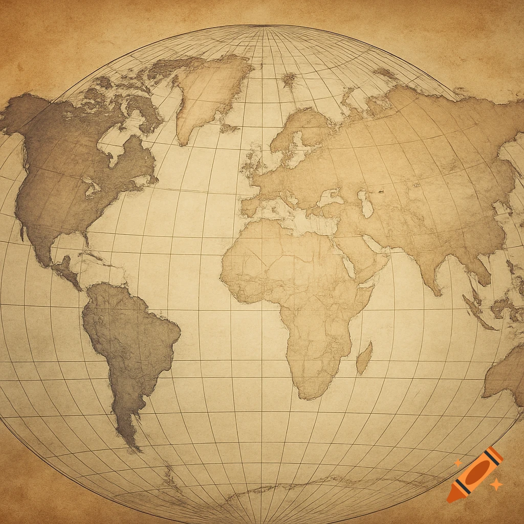 A vintage-style world map showing continents with meridians and parallels on aged paper.