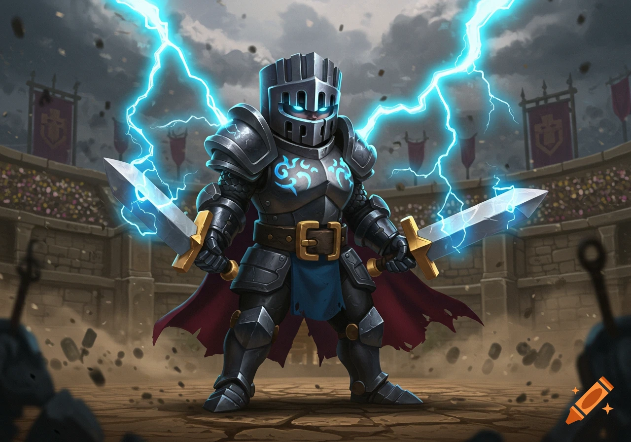 Cartoonish knight in dark armor holding two glowing swords with blue lightning in a gladiatorial arena.