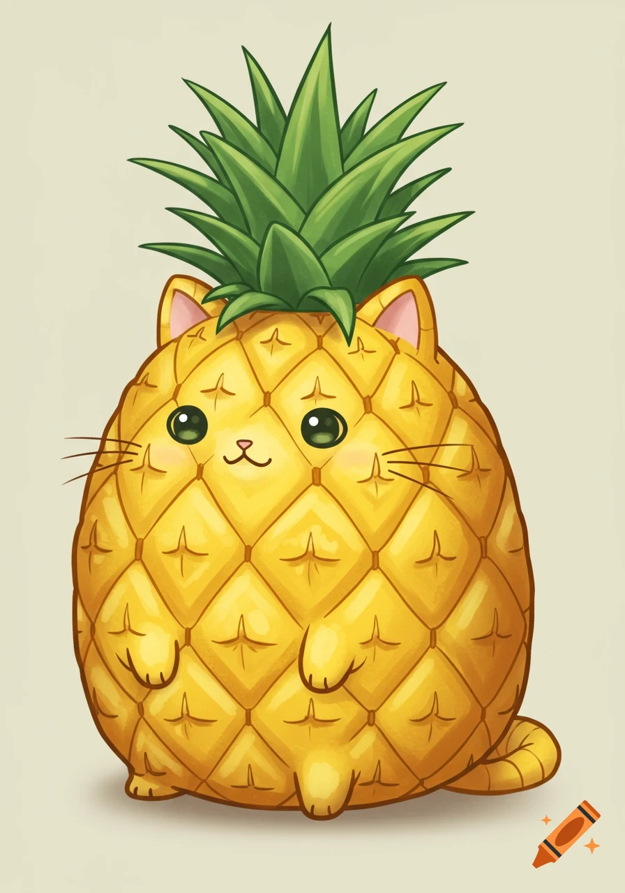 A cute cartoon pineapple cat with green leaves, green eyes, and whiskers on a light background.