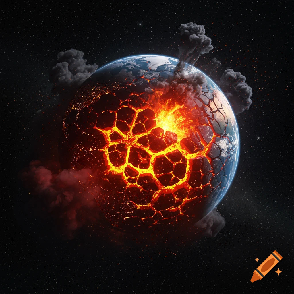 Earth cracking open with glowing lava and fire erupting from its core, surrounded by smoke and stars in space.