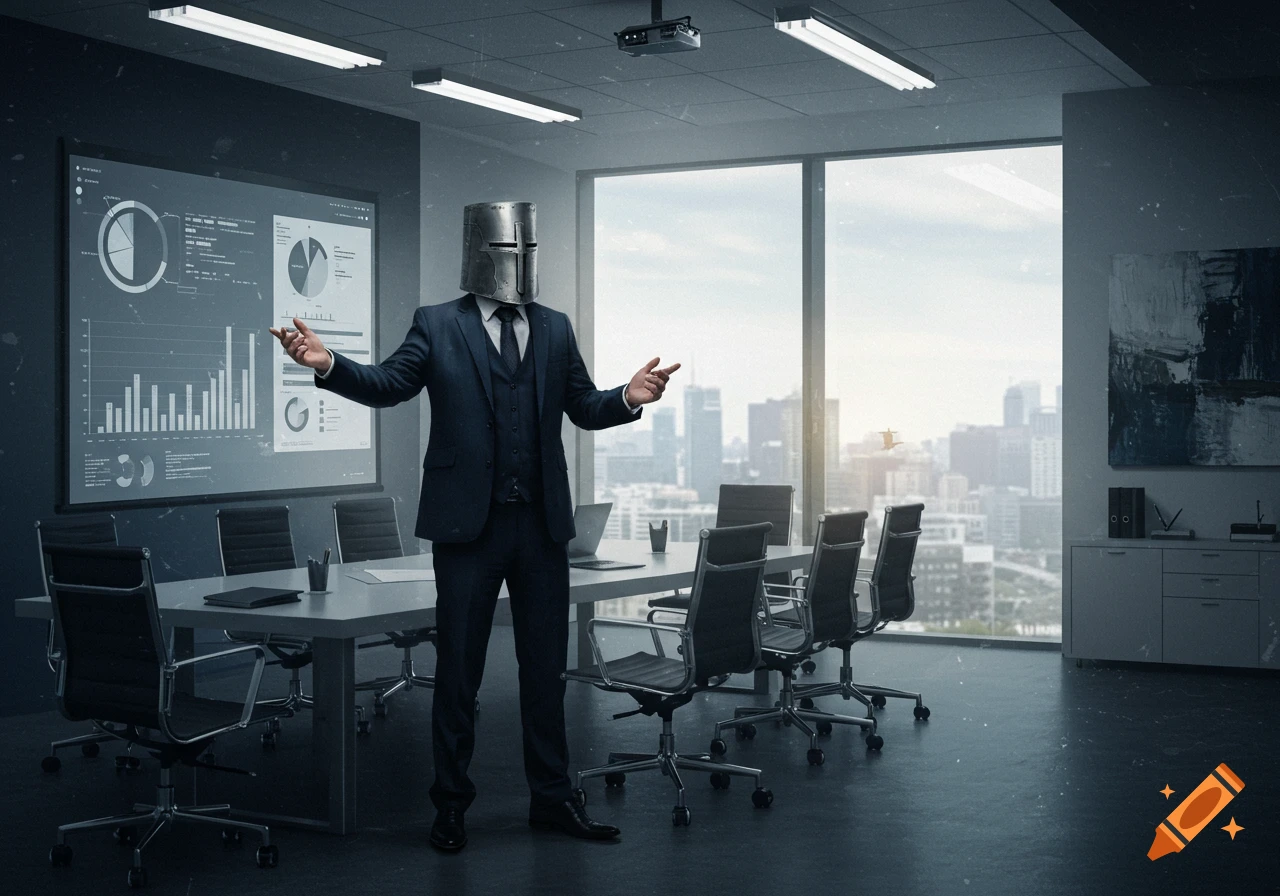 A man in a business suit and a medieval bucket helmet stands in an office, presenting data on a large screen with charts.