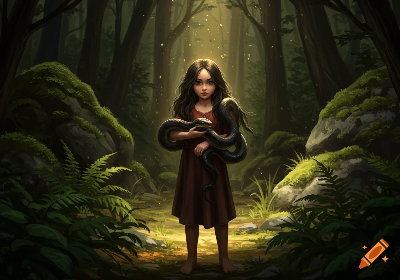 A young girl with long dark hair holds a large black snake in a magical, sun-dappled forest, digital painting style.