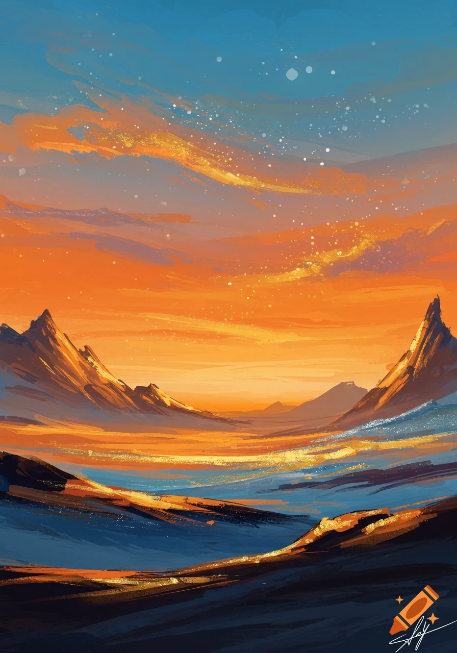 Vibrant abstract landscape painting with orange and blue skies, distant mountains, and sparkling golden streaks.