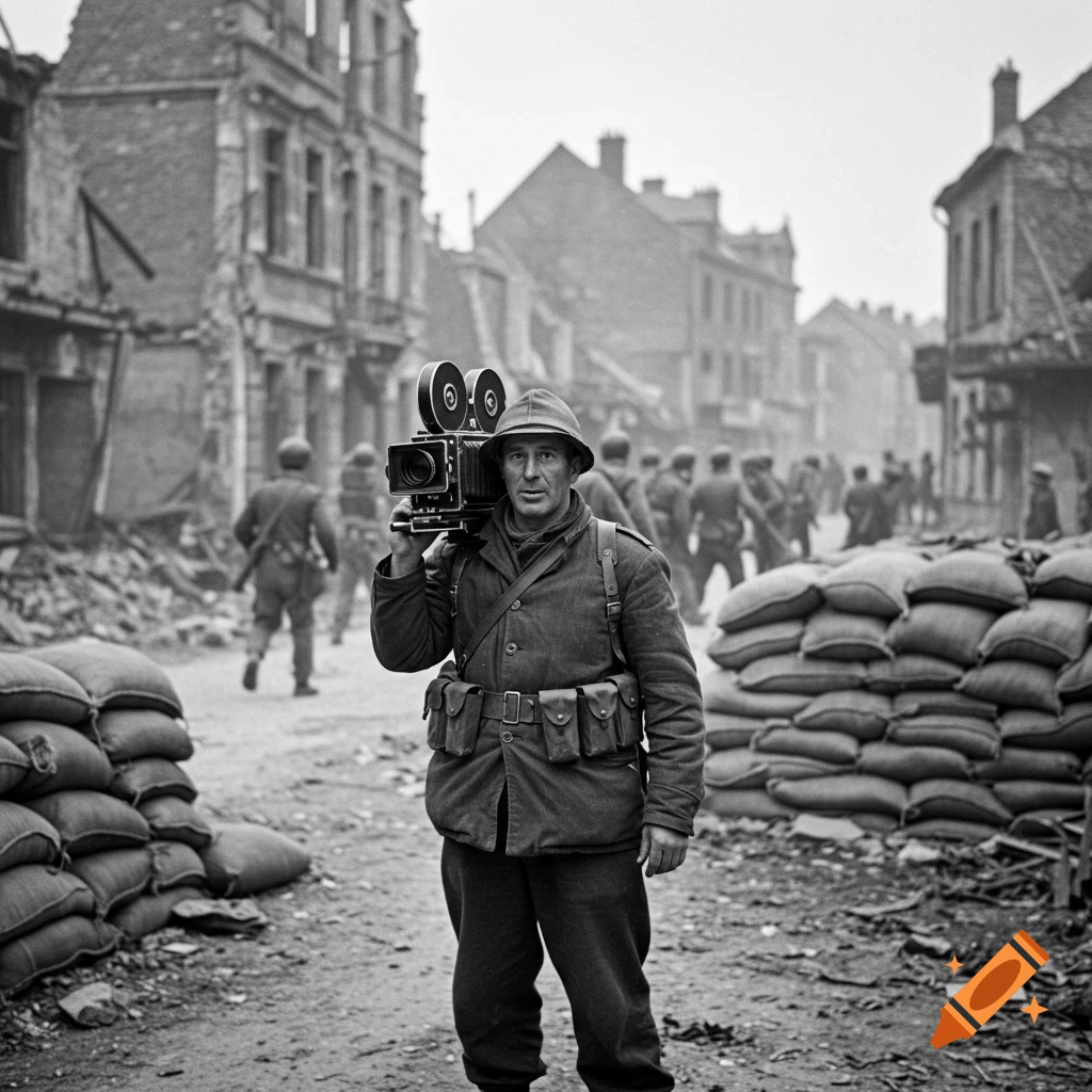 A black and white image of a cameraman in a helmet carrying a film camera, standing in a war-torn street with sandbags and soldiers.