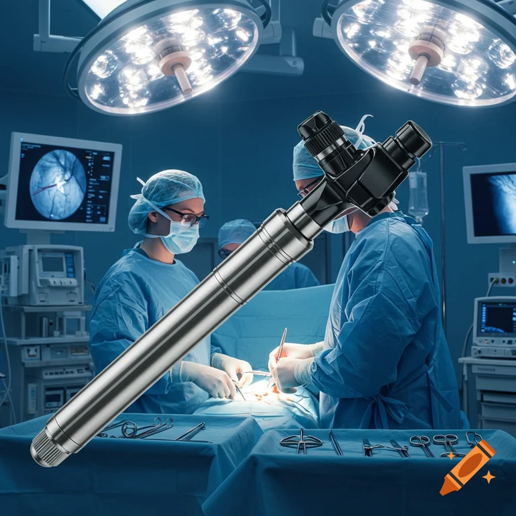 A resectoscope medical instrument in a surgical room with surgeons operating on a patient.