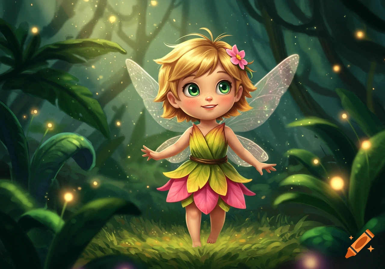 A whimsical, short-haired fairy in a petal dress with sparkling wings stands in a magical, glowing forest.
