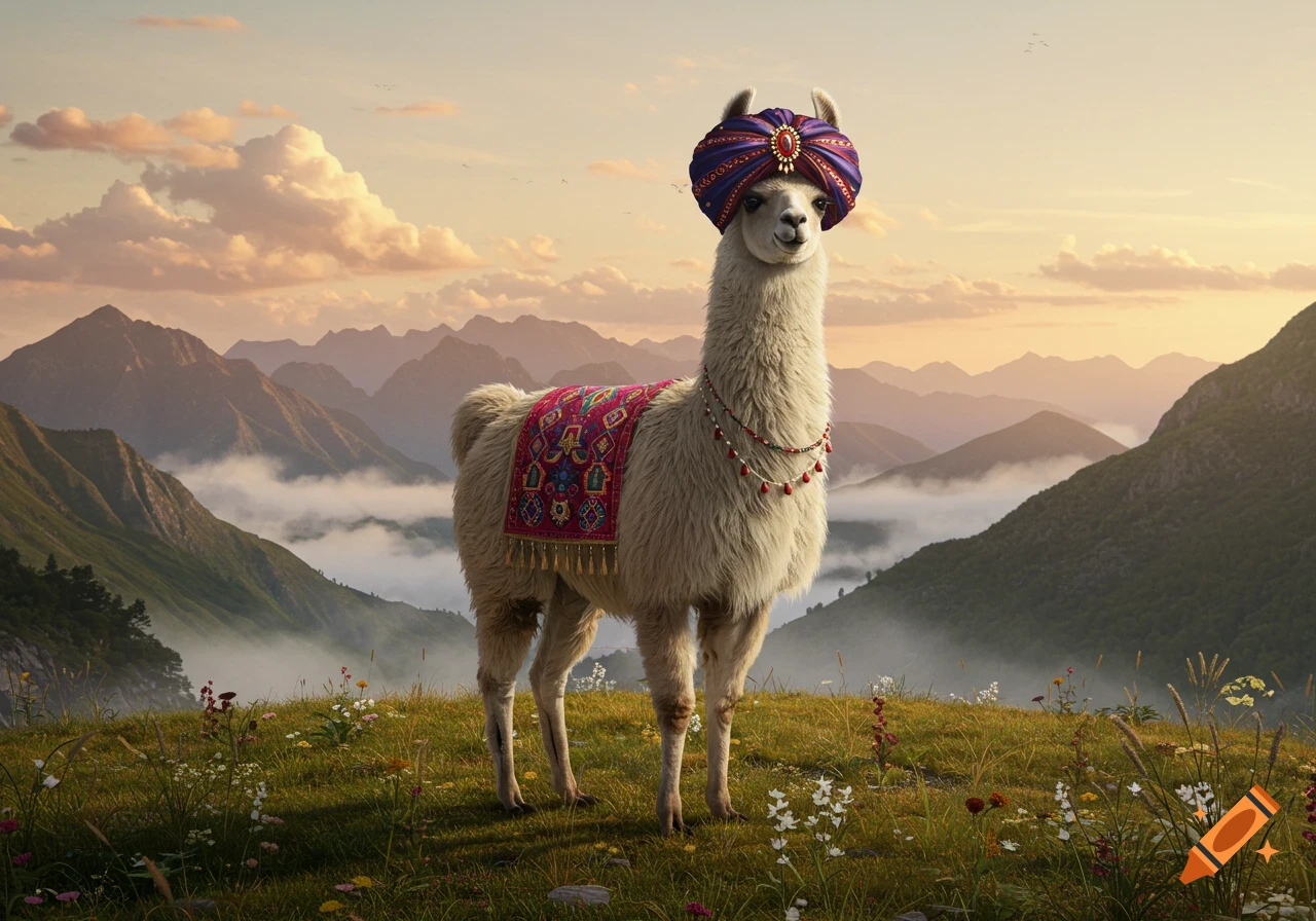 A fluffy white llama wearing a purple turban and a colorful blanket stands on a grassy mountain with misty valleys at sunrise.