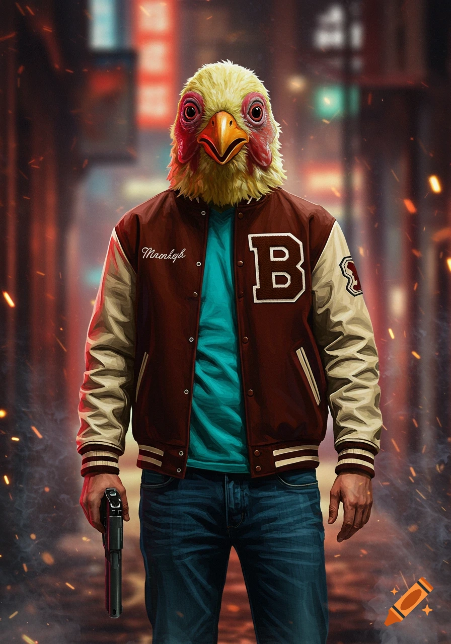 A man in a hyperrealistic chicken mask, varsity jacket, and jeans holds a pistol in a stylized dark alley.