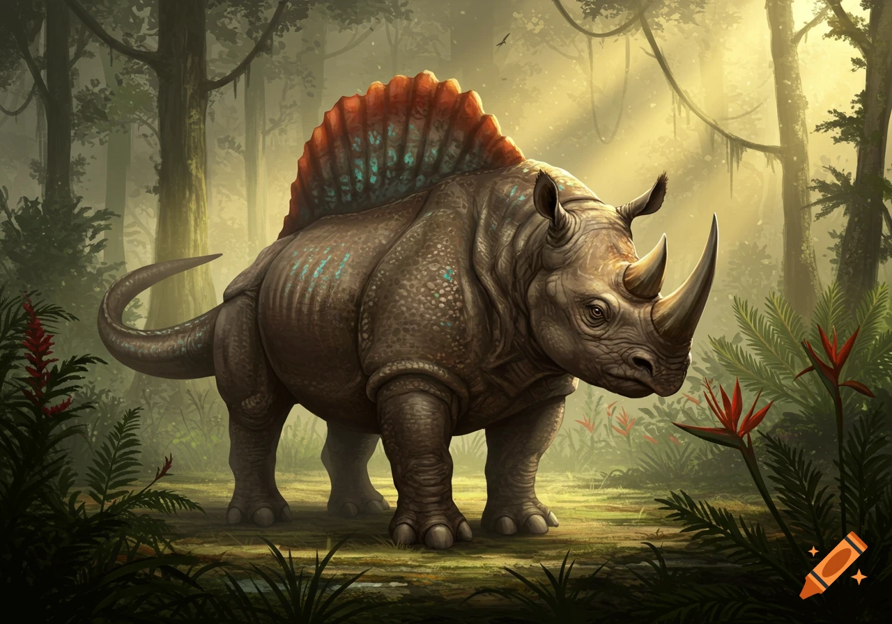 A detailed illustration of a rhinoceros and Spinosaurus hybrid with a large fin-like sail, standing in a lush, sunlit jungle.