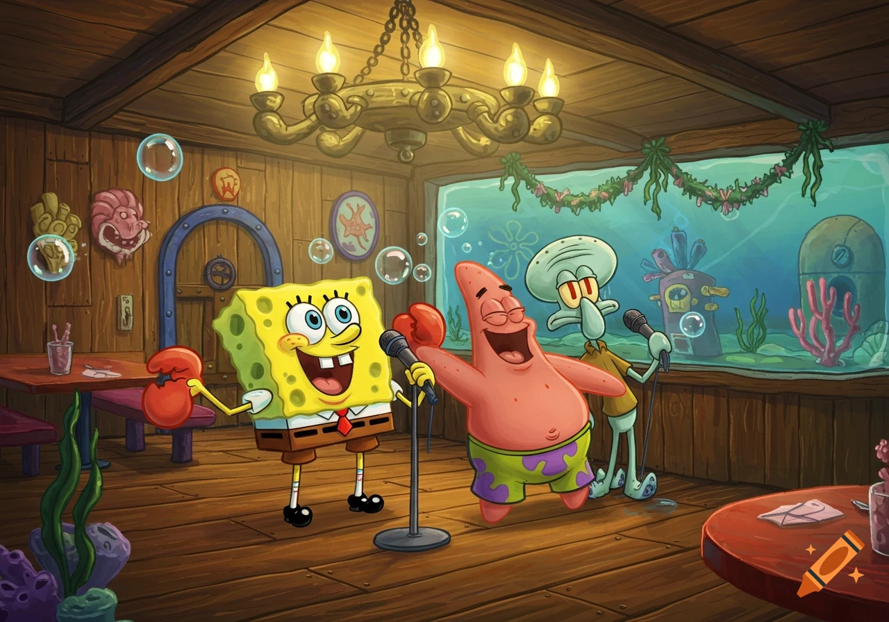 SpongeBob SquarePants, Patrick Star, and Squidward Tentacles sing karaoke in a cozy, wooden restaurant with a large aquarium.