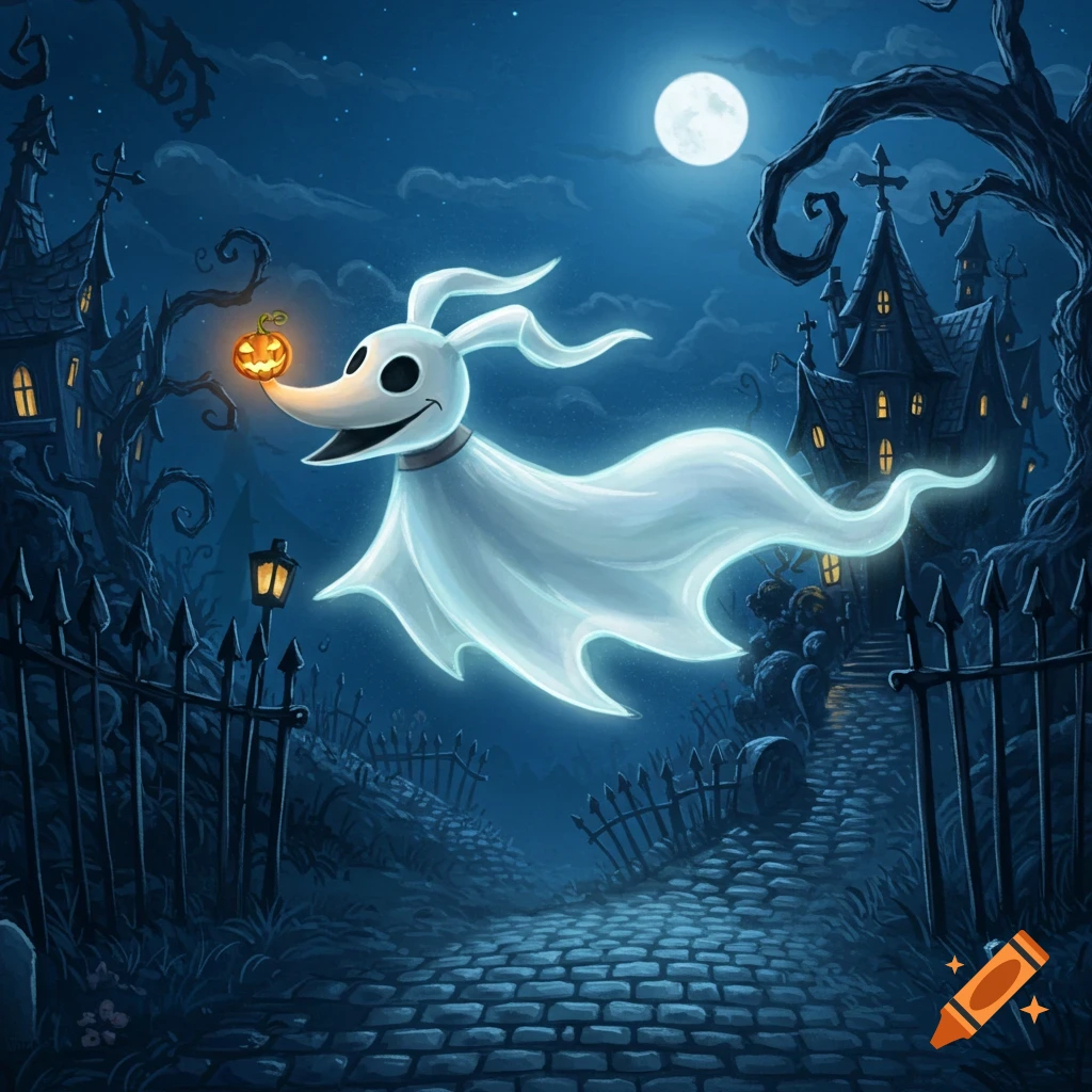 Zero, the ghost dog, flying with a glowing pumpkin nose over a cobblestone path in a spooky, moonlit graveyard with haunted houses.