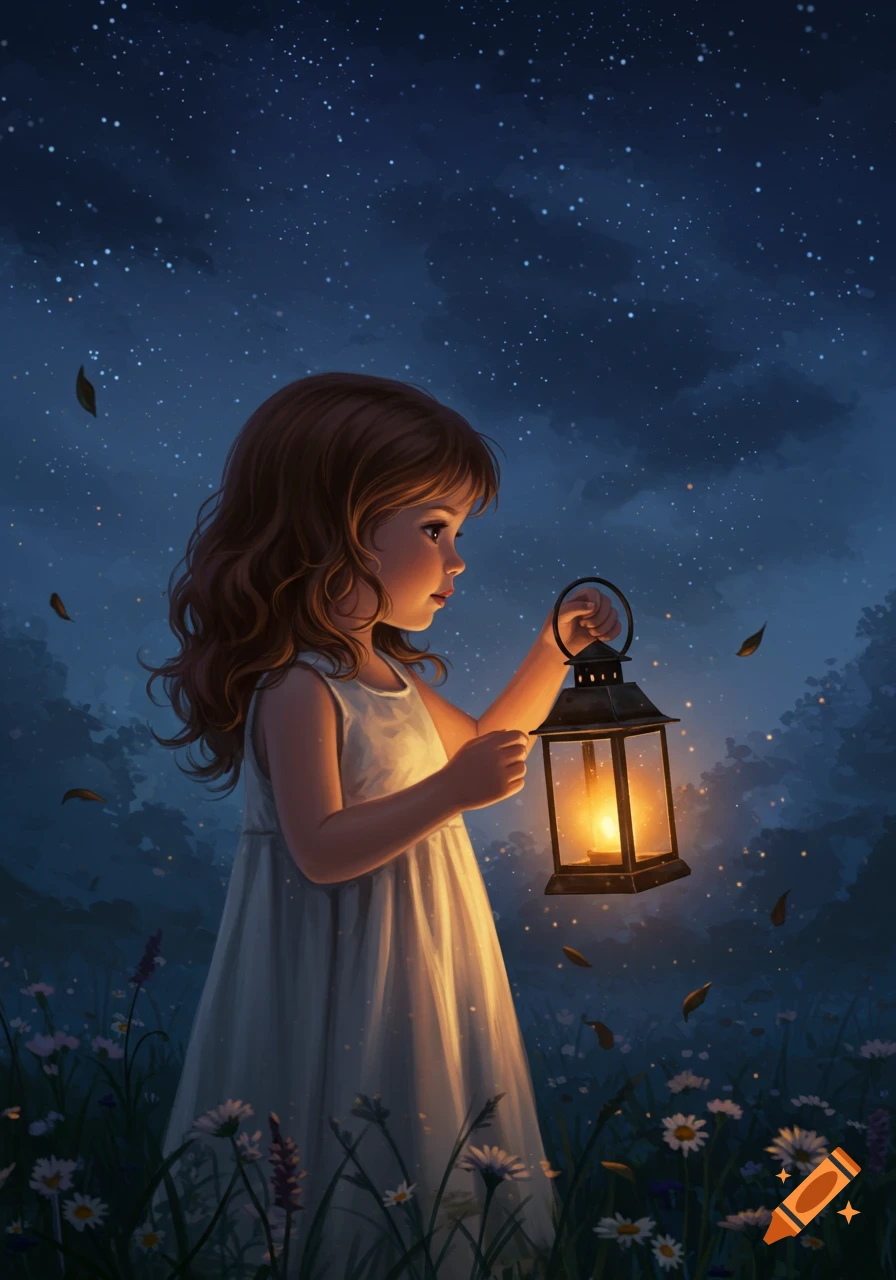 A young girl with long brown hair, wearing a white dress, holds a glowing lantern in a field of flowers under a starry night sky in an illustration.