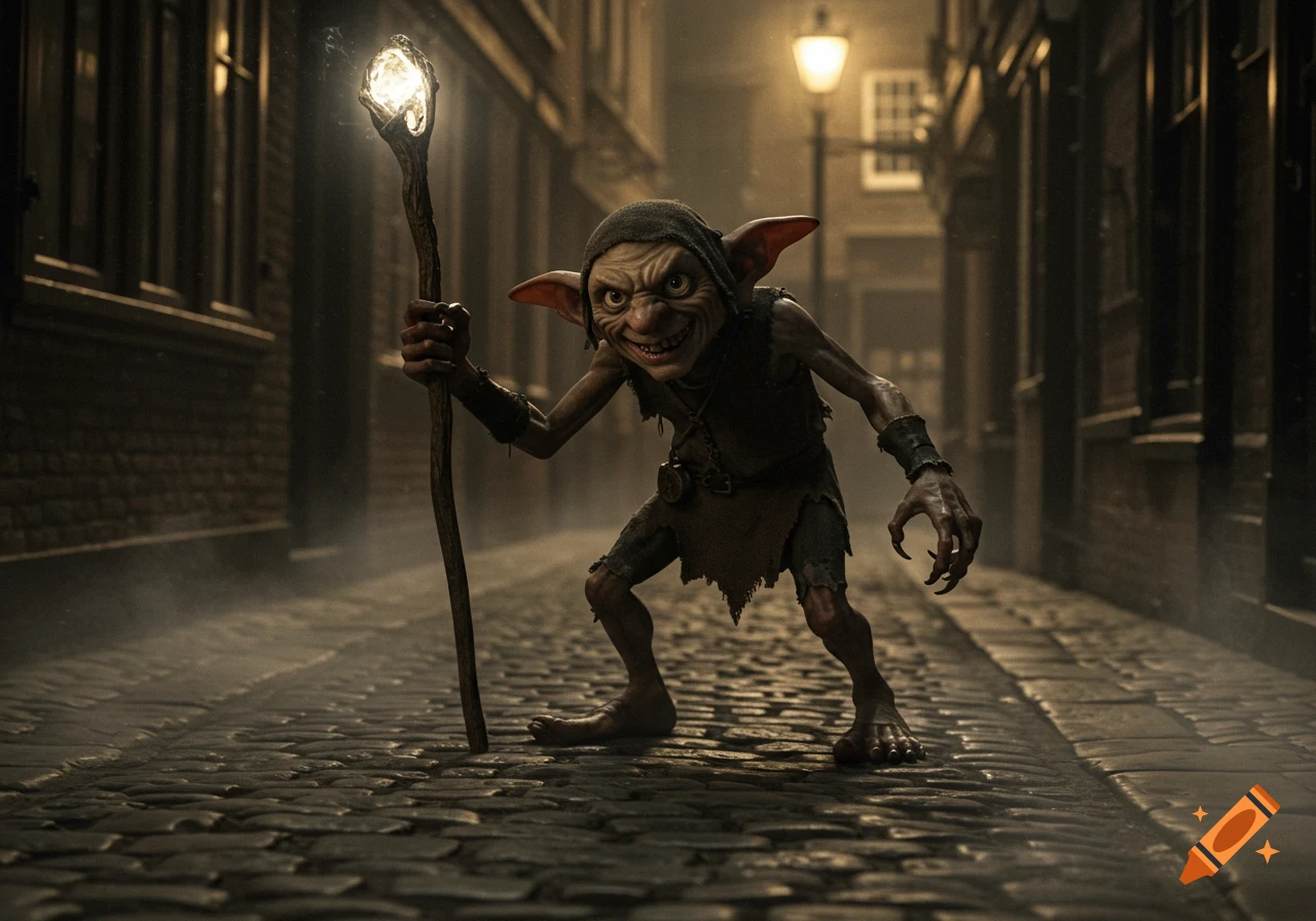 A photorealistic sneaky goblin with a glowing staff grins in a dark, foggy cobblestone alley at night.