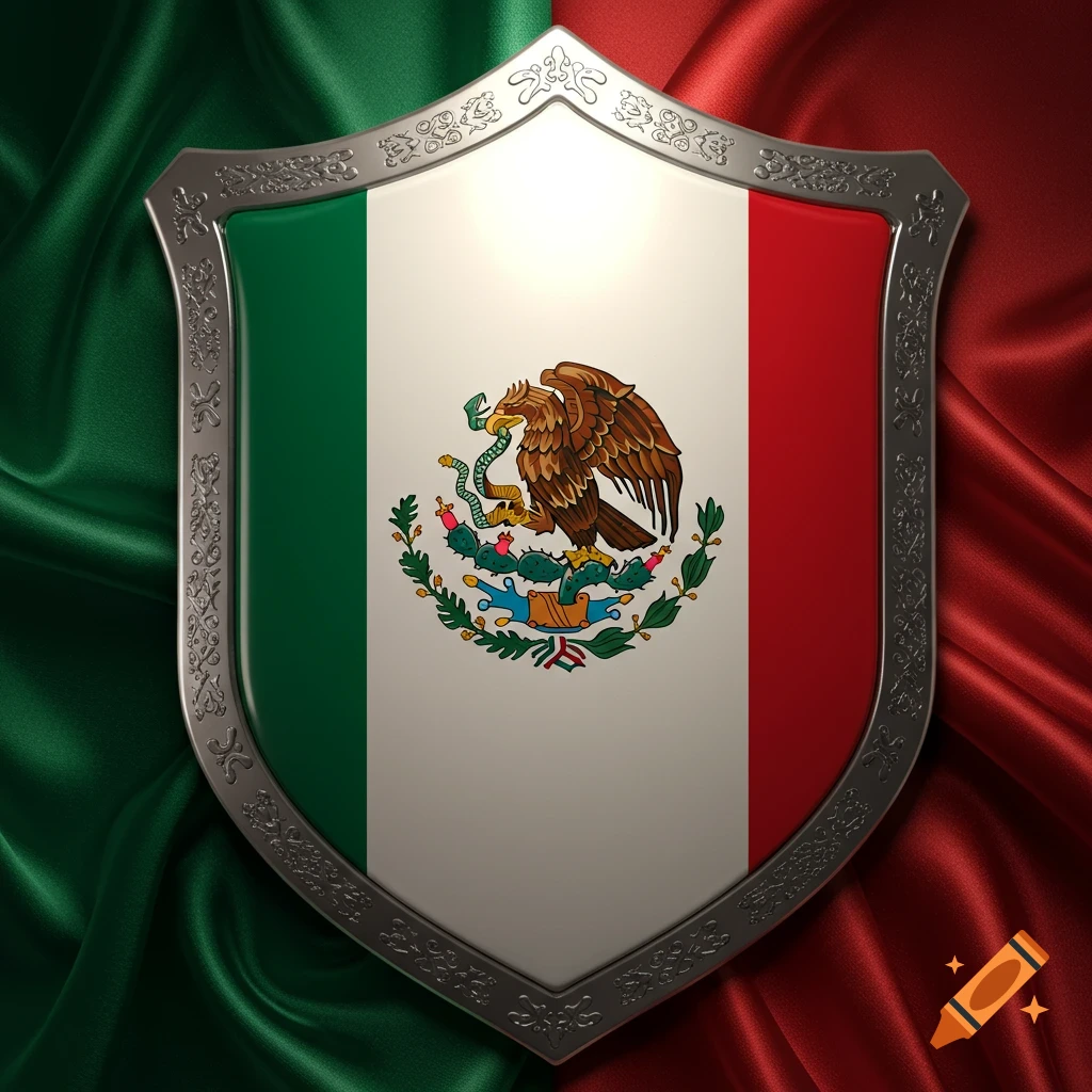 A metallic shield featuring the Mexican flag, with an eagle devouring a serpent on a nopal cactus, set against draped satin fabric in green and red.