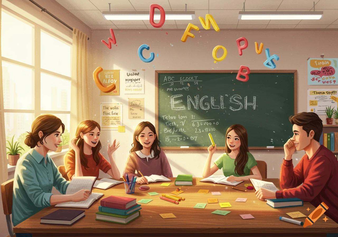 Five female students and one male student are seated around a table in a classroom, studying English. Floating alphabet letters surround them. The blackboard prominently displays "ENGLISH".
