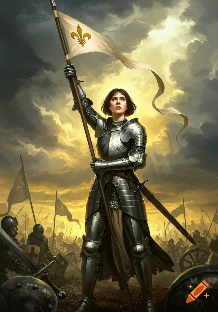 Joan of Arc in shining armor holds a white flag with a gold fleur-de-lis, gazing skyward on a battlefield at sunset.