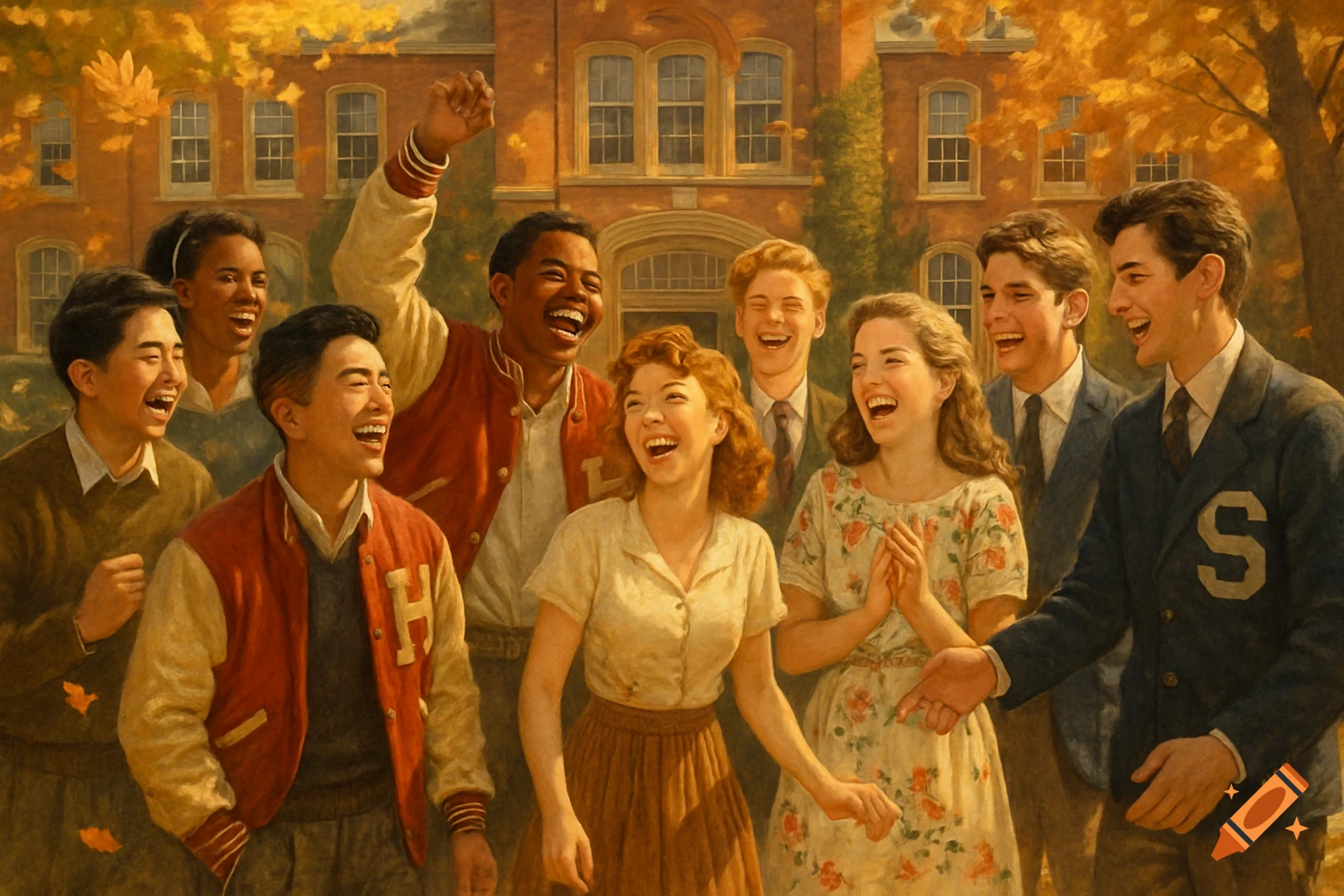 A diverse group of cheerful students, some wearing letterman jackets, laugh in front of an old brick school building with autumn leaves.