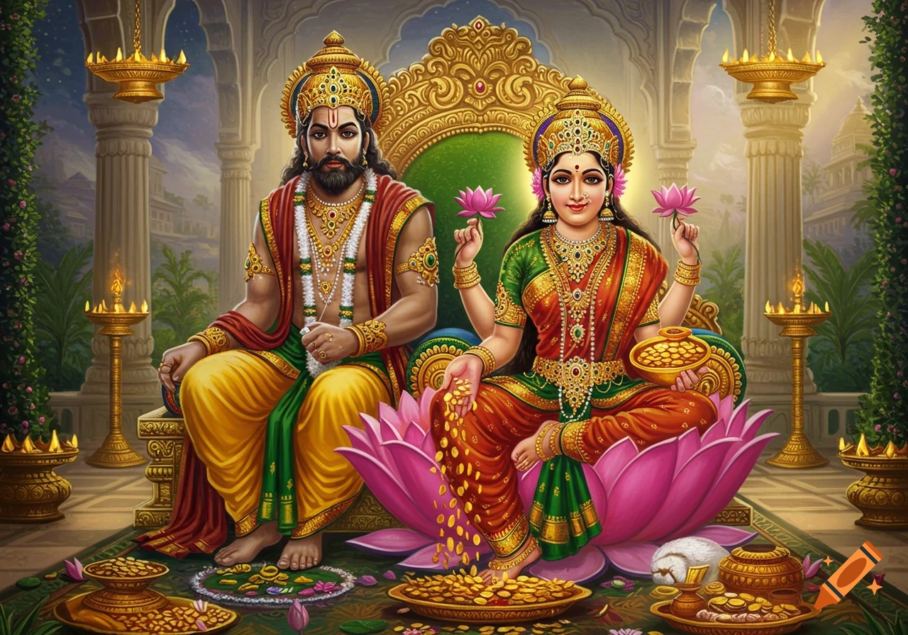 Hindu deities Lakshmi and Kubera sit on ornate thrones, showering gold coins and holding pink lotus flowers in a rich palace setting.