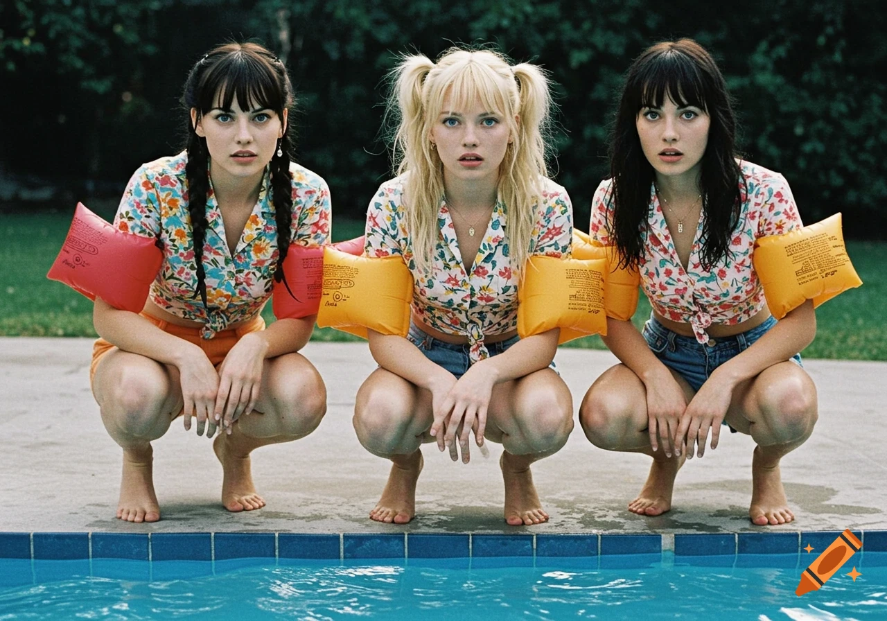 Three young women in floral shirts, shorts, and arm floaties squatting by a pool, looking at the camera, in an early 2000s fashion ad style.