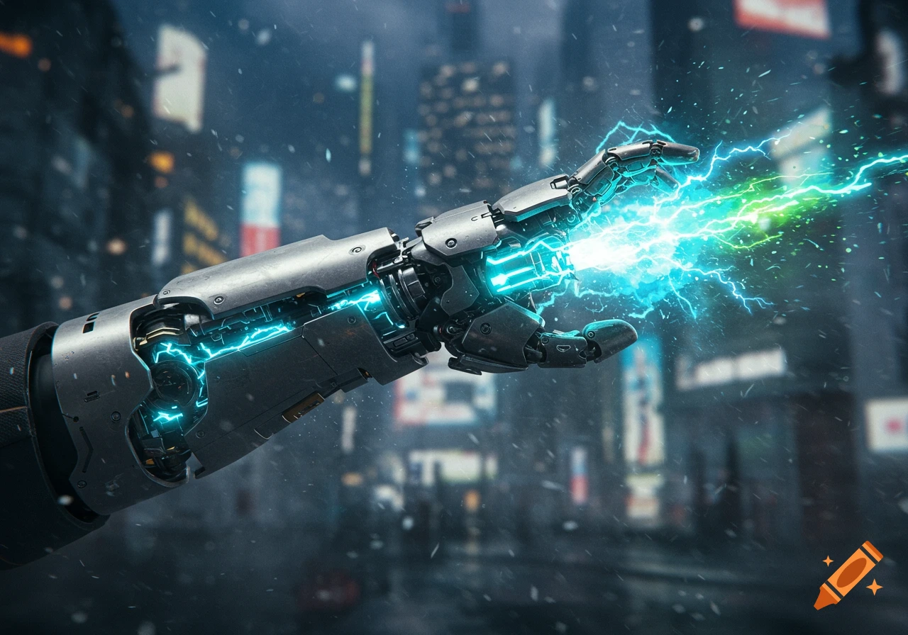 A detailed robotic arm emits blue and green electrical energy in a blurry, snowy cyberpunk city at night.