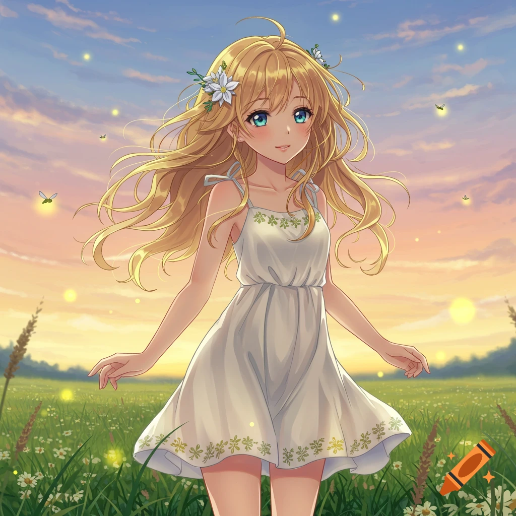 An anime girl with blonde hair and blue eyes, wearing a white sundress, stands in a field of green grass and flowers with fireflies at sunset.
