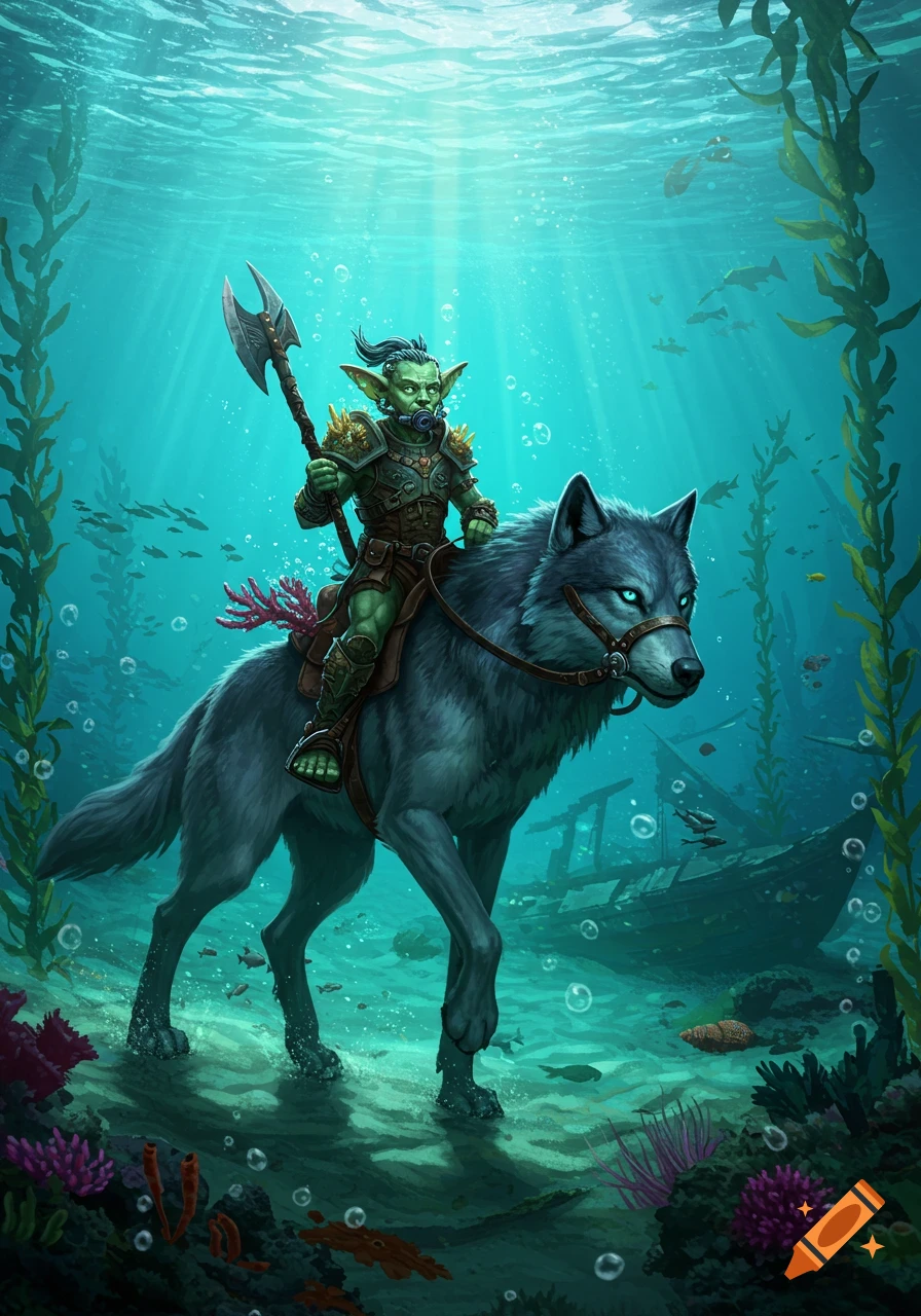 A green hobgoblin in armor with an axe rides a large grey wolf across a vibrant, sunlit ocean floor amidst seaweed and fish.