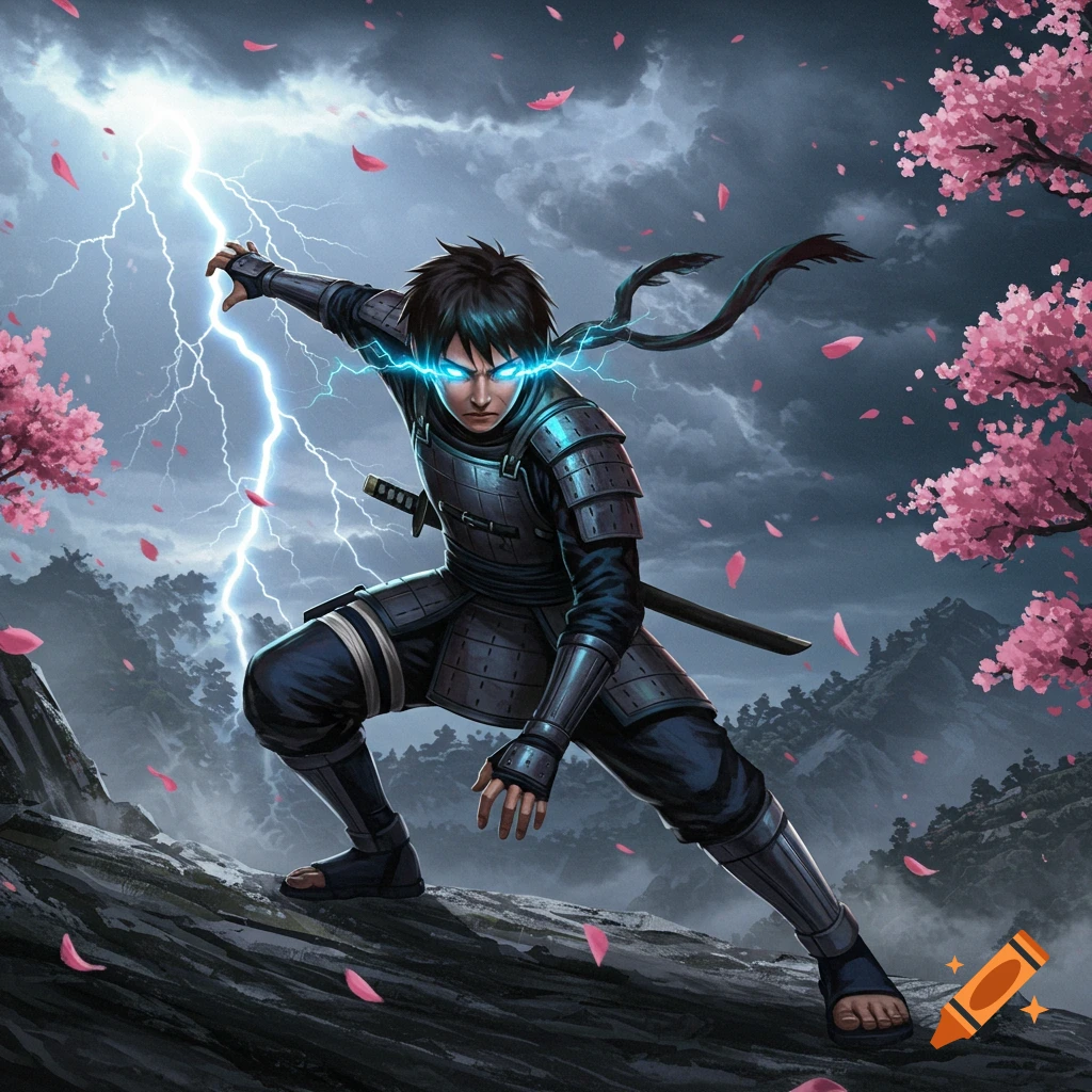 A ninja warrior with glowing blue eyes and armor wields lightning in a stormy mountain landscape with pink cherry blossom trees.
