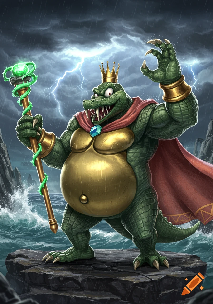 King K. Rool, a green crocodile king with a gold crown, red cape, and armor, holds a glowing staff on a rock in stormy seas.