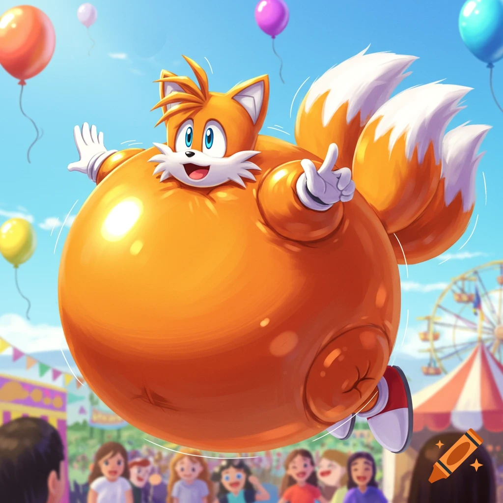 Miles 'Tails' Prower, inflated like a large orange balloon, floats above a sunny carnival scene with colorful balloons and onlookers.