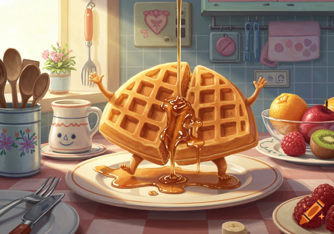 Two anthropomorphic waffles with arms and legs stand on a plate in a kitchen as syrup pours over them, with fruit and kitchenware nearby.