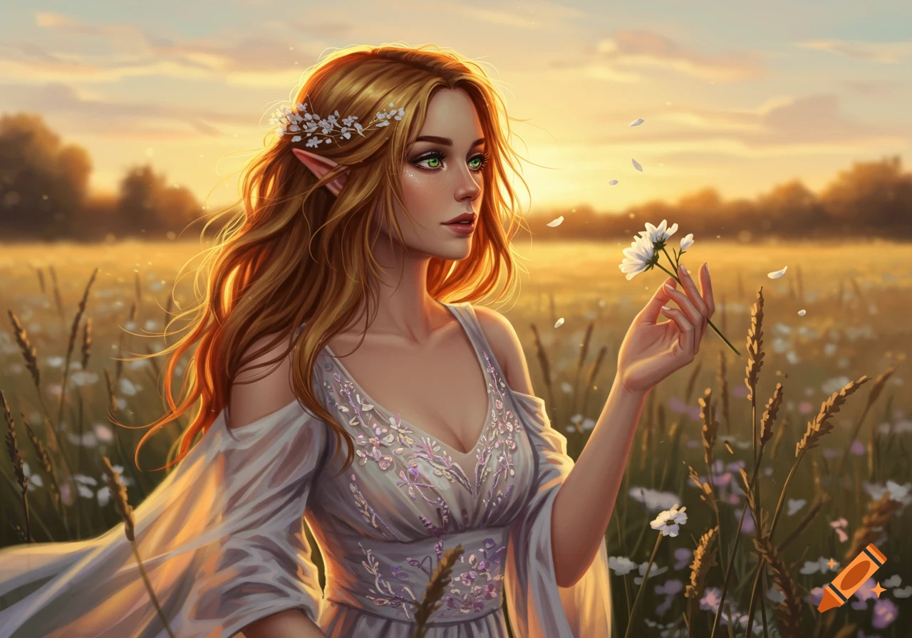 A fantasy digital painting of an elf-like woman with long blonde hair holding a white flower in a golden field at sunset.