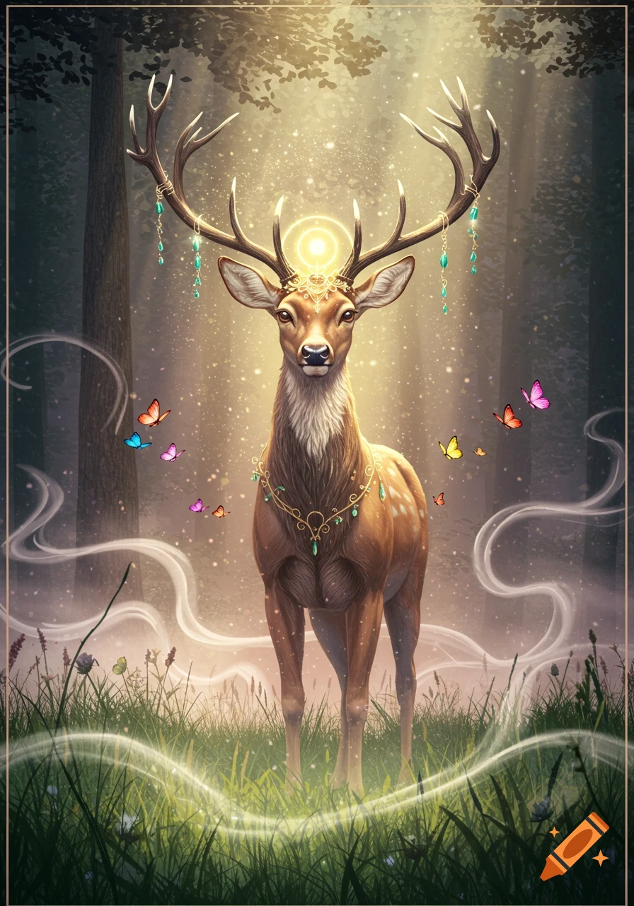 A majestic deer with gem-adorned antlers and a golden halo stands in a magical forest, surrounded by glowing light and colorful butterflies.
