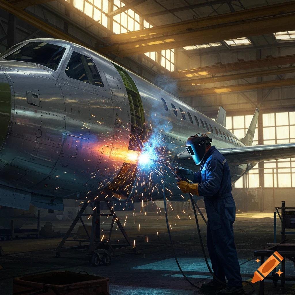 A worker in a blue jumpsuit and welding helmet welds the fuselage of a large airplane inside a hangar, with bright sparks flying.
