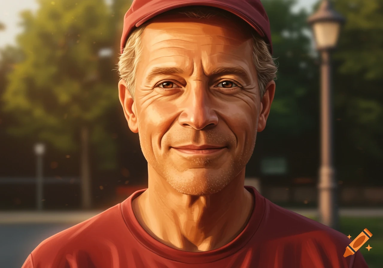 Close-up portrait of a smiling 50-year-old man with wheat-blond hair, wearing a red cap and shirt, in a realistic cartoon style outdoors.