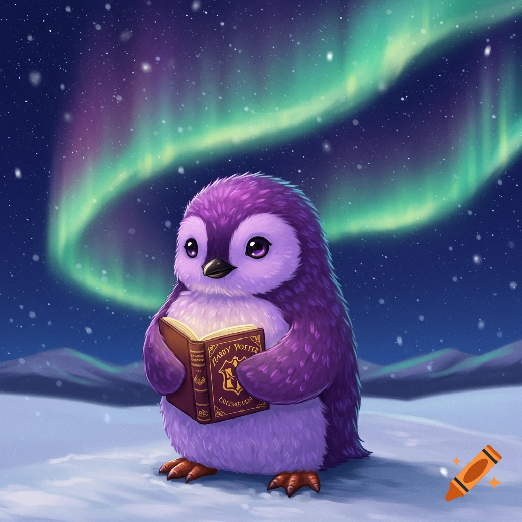 A cute purple penguin stands in a snowy landscape with an aurora borealis, holding a Harry Potter book.