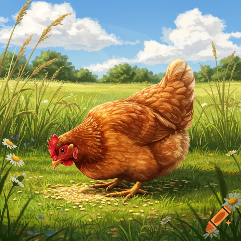 A brown chicken pecks at corn on the ground in a sunny green field with wildflowers and tall grass under a blue sky.