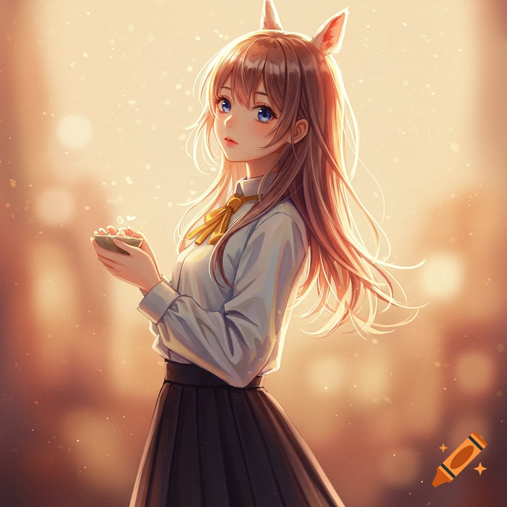 Anime girl with brown hair, blue eyes, and animal ears, holding a small bowl in soft, warm golden light.