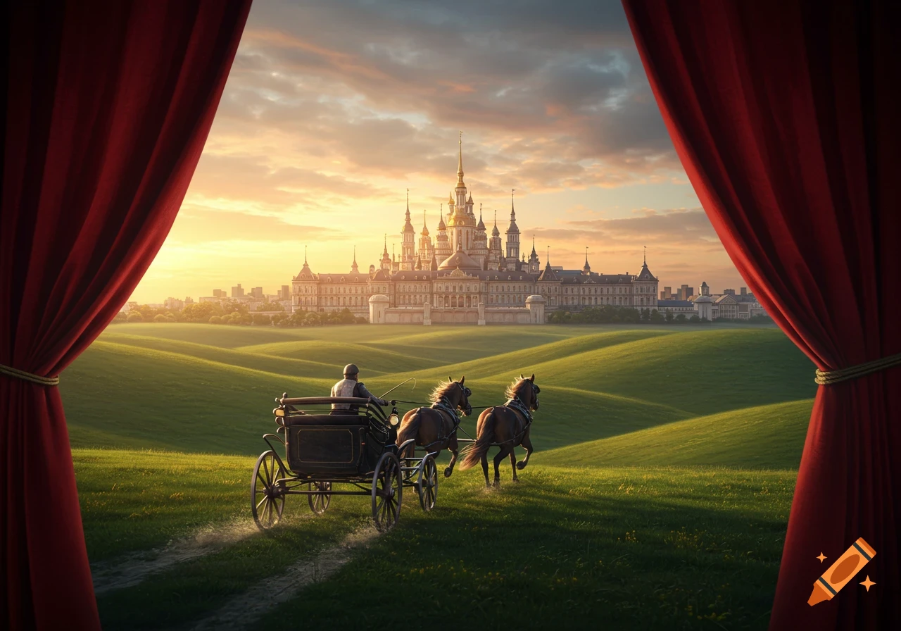 A horse-drawn buggy travels over green hills towards a grand palace at sunset, framed by red curtains.