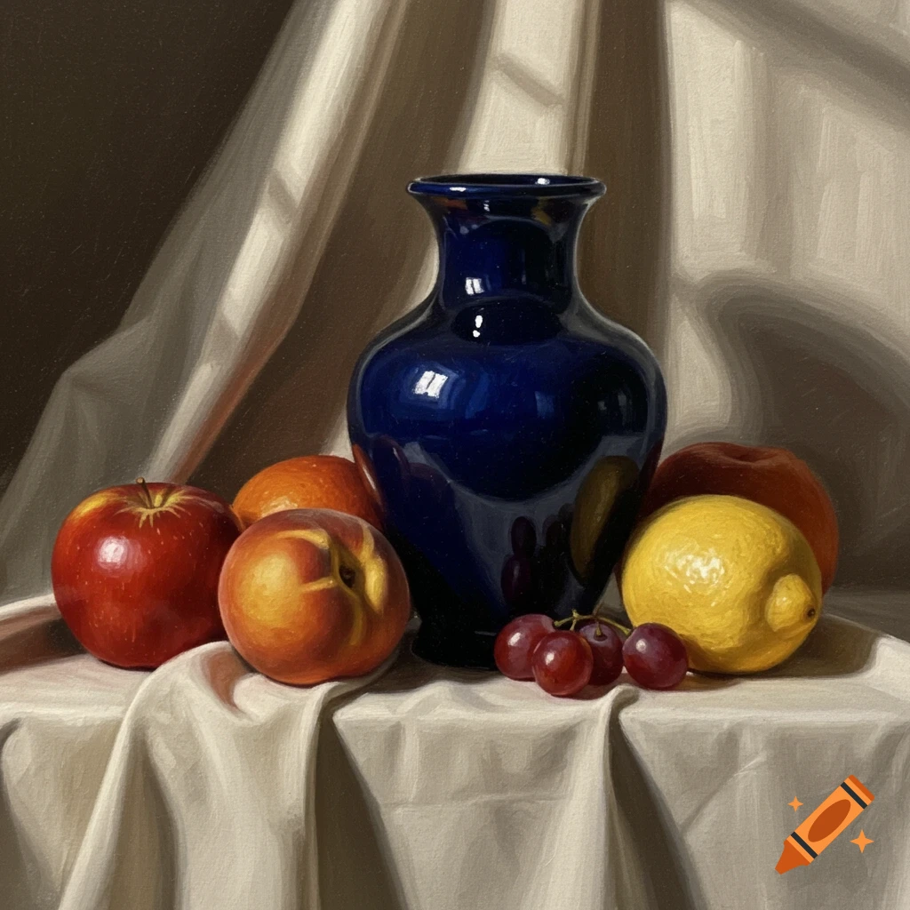 A still life painting of a blue vase, red apples, peaches, a lemon, and grapes on a white cloth.