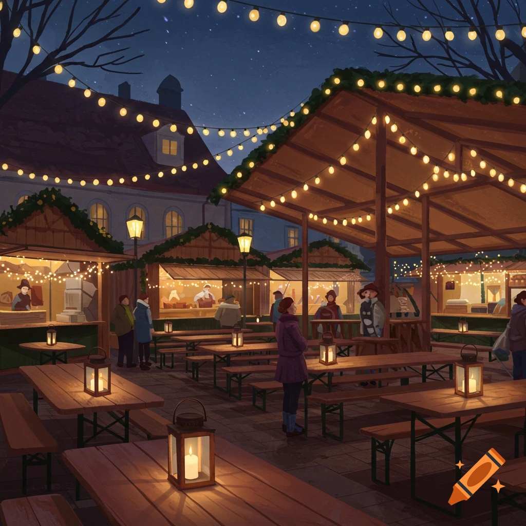 An outdoor festive market at night with illuminated stalls, string lights, wooden tables with lanterns, and people.